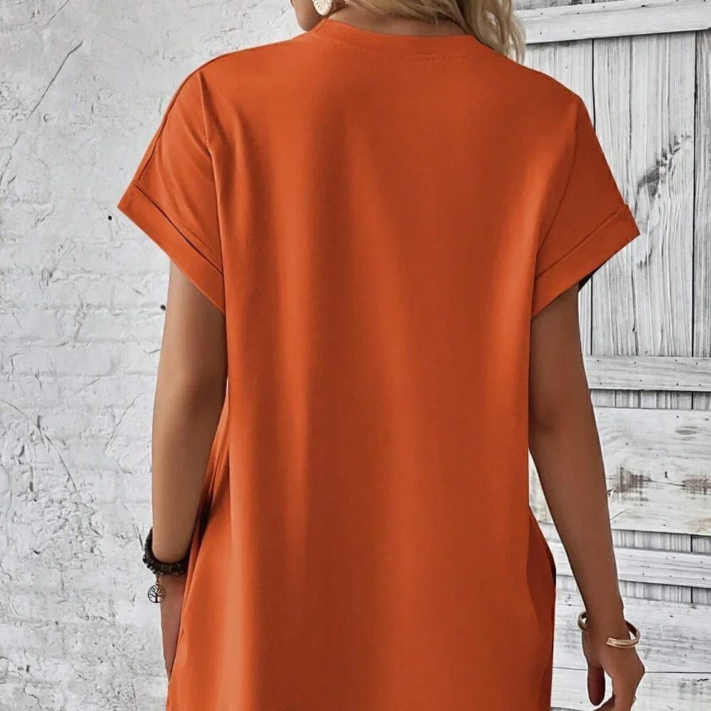 Burnt Orange Boho Womens  Solid Batwing Sleeve Hidden Pocket Tee Dress - Picture 2 of 5